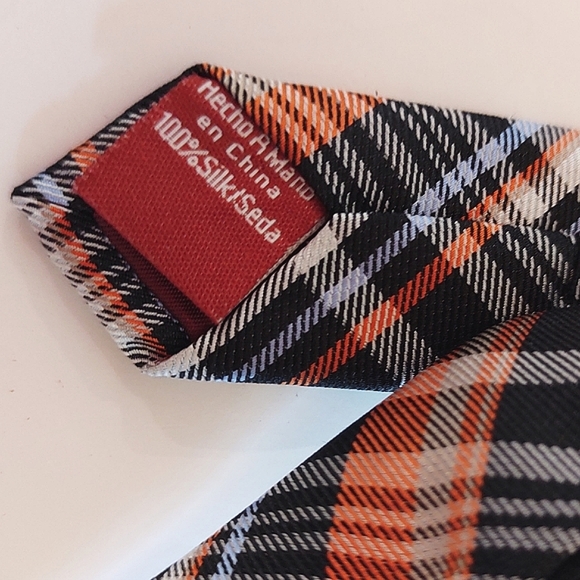 Original Penguin | Plaid Silk Tie | Black Orange Blue White | Unisex - Picture 7 of 9